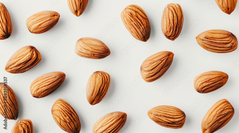 Top view of scattered almonds on a white background. Top view of scattered almonds on a white background.