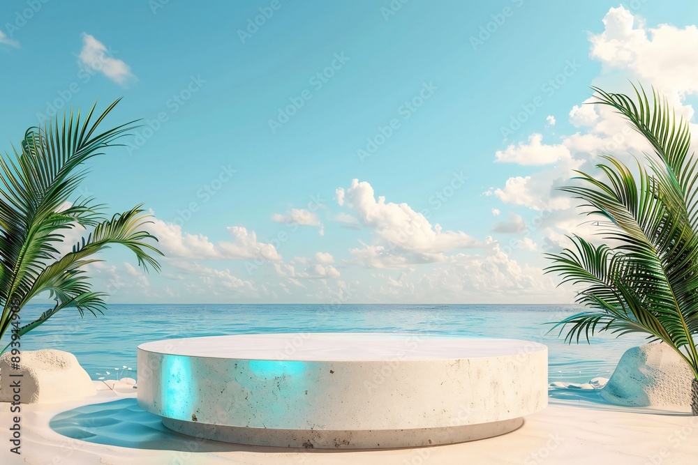 Fototapeta premium Beach podium summer background sand product 3D sea display platform. Beach podium summer banner stand scene sale sky holiday vacation stage water island sun travel pedestal promotion presentation ad