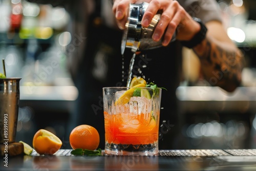 A mixologist straining a cocktail into a chilled glass.