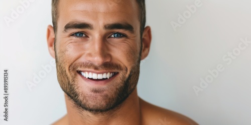 A man with a beard and a smile on his face. He is wearing a white shirt. Concept of happiness and positivity