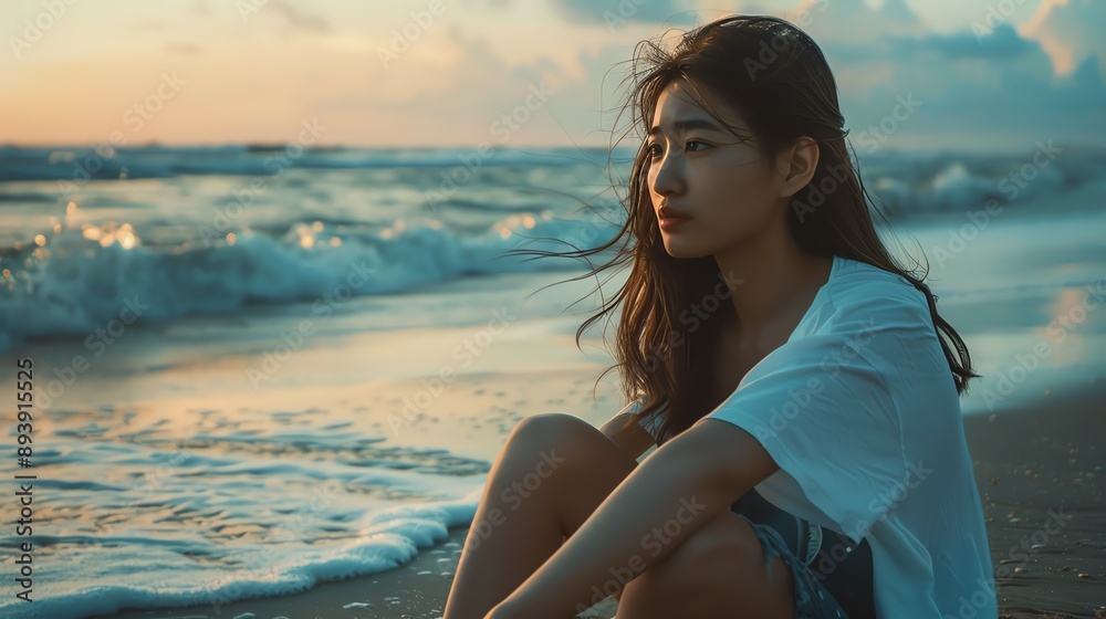 Thoughtful young woman sitting on beach at sunset, looking out at the ocean. She is wearing a loose white shirt and her hair is blowing in the wind. Thoughtful young woman sitting on beach at sunset, looking out at the ocean. She is wearing a loose white shirt and her hair is blowing in the wind.