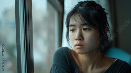Free Download Thoughtful young Asian woman looking out the window, contemplating her life and future. - GFXLoad
