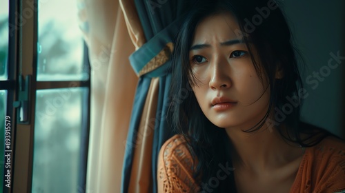 A beautiful, serene woman sits by the window, gazing out at the world with a hint of sadness in her eyes.