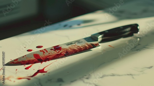 Knife with blood on bright surface suggests domestic violence and horror films photo