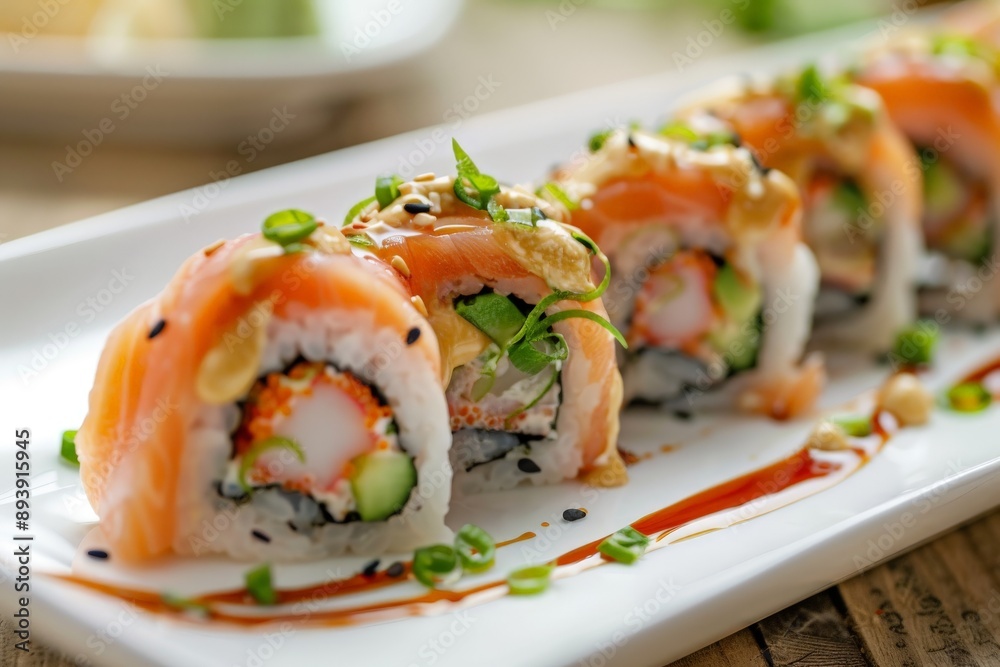 A plate of fresh sushi rolls with wasabi and soy sauce. A plate of fresh sushi rolls with wasabi and soy sauce.