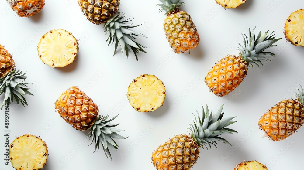 A pattern of fresh pineapples on a white background. The pineapples are of various sizes and are arranged in a visually pleasing way. A pattern of fresh pineapples on a white background. The pineapples are of various sizes and are arranged in a visually pleasing way.