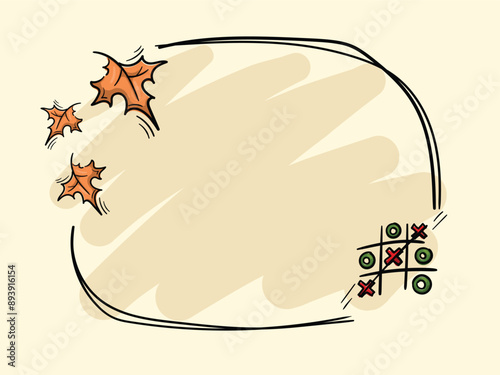 Autumn illustration with yellow leaves and tic-tac-toe game. School frame for text. Design template for designing posts, banners, advertising advertisements
