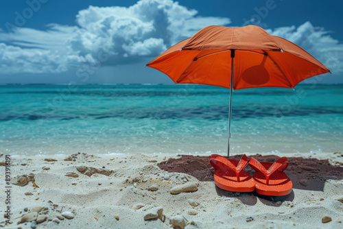 Wallpaper Mural Relaxing Beach Scene with Orange Umbrella and Flip-Flops  Torontodigital.ca