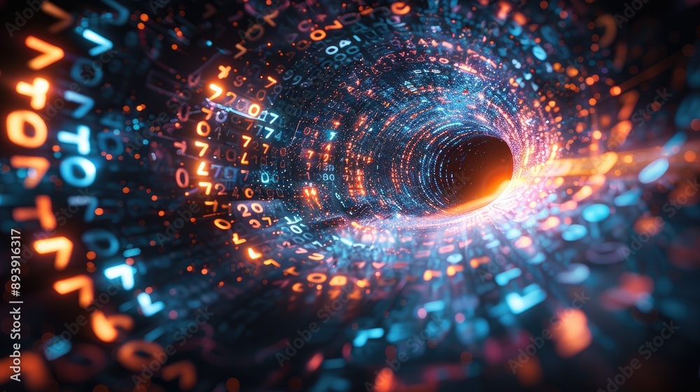 Digital vortex tunnel filled with glowing numbers and light streaks, representing data flow, technology Digital vortex tunnel filled with glowing numbers and light streaks, representing data flow, technology