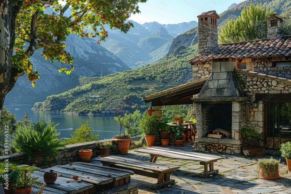 Obraz premium Rustic stone cottage with lush garden and mountain view.
