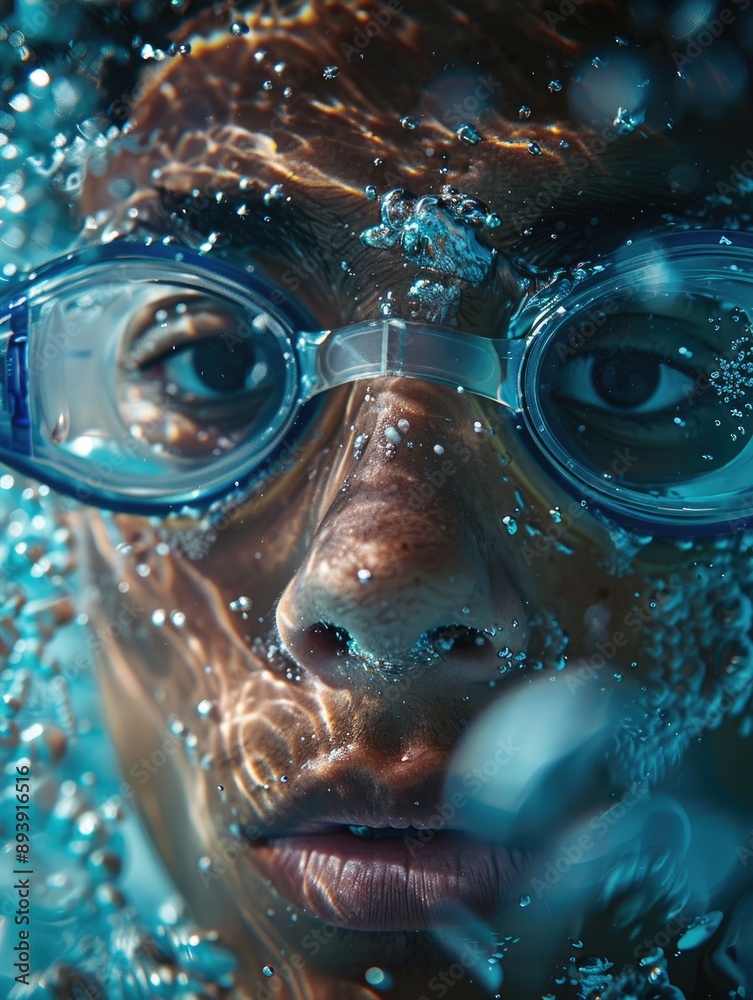 Swimmer's head emerging from water with swimming goggles Swimmer's head emerging from water with swimming goggles