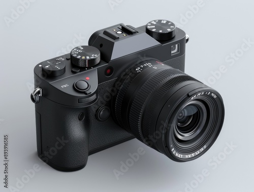 Black digital camera with large lens on white background. photo