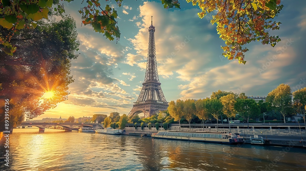 Fototapeta premium The Eiffel Tower is surrounded by lush greenery as it catches the warm glow of the setting sun, creating a perfect blend of nature's beauty and architectural elegance.
