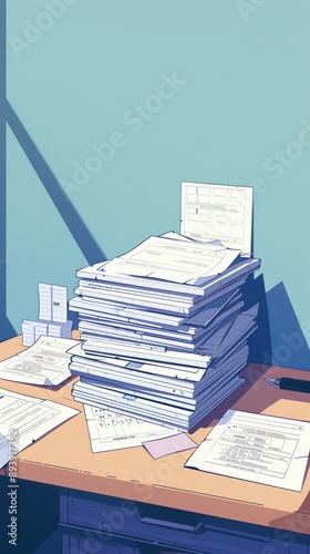 Minimalistic illustration of completed ballots on desk with blue wall background. Various objects including stacks of papers, blue folder arranged neatly. Black pen rests on right side of desk. photo