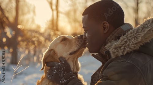 In the golden hour of the day, an African American man is cuddling his dog outdoors, created © DZMITRY