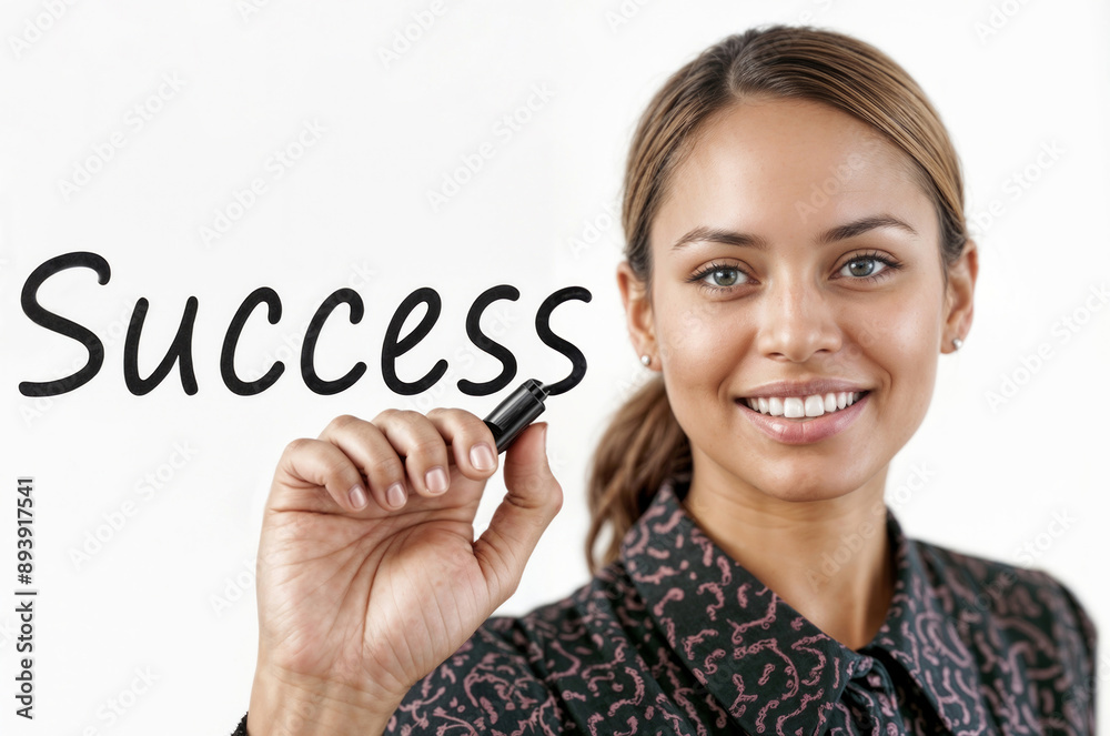 Portrait of happy businesswoman is drawing the word success on a white background. She is smiling and holding a marker Portrait of happy businesswoman is drawing the word success on a white background. She is smiling and holding a marker