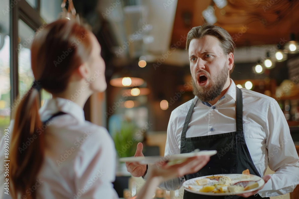 Angry restaurant manager shout at a shocked waitress Angry restaurant manager shout at a shocked waitress