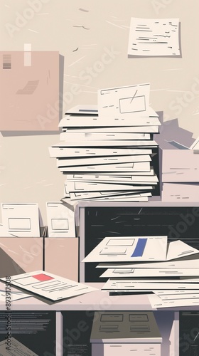 Office cluttered with papers and documents on desk and bookshelf. Busy workspace scene with bulletin board in background. Illustration of minimalistic design style with flat colors and clean lines. photo