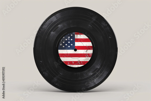 Close-up of black vinyl record with US flag label on blue background