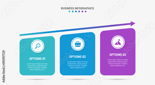 Horizontal progress bar featuring 3 arrow-shaped elements, symbolizing three six stages of business strategy and progression. Clean timeline infographic design template. Vector for presentation