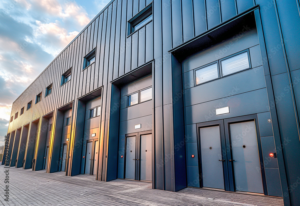 Modern Industrial Warehouse with Metal Cladding and Multiple Loading Bays Modern Industrial Warehouse with Metal Cladding and Multiple Loading Bays