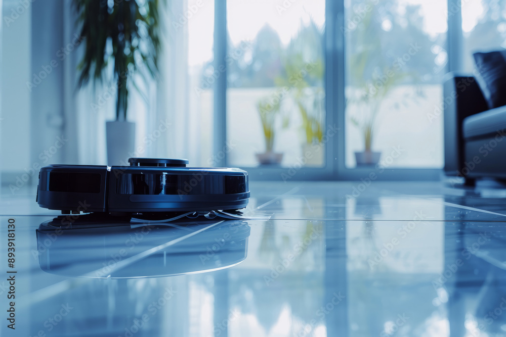 Robot vacuum cleaner operating on a shiny wooden floor in a modern living room Robot vacuum cleaner operating on a shiny wooden floor in a modern living room