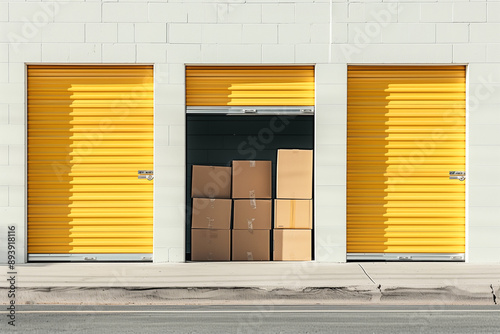 Three Yellow Storage Unit Doors with Cardboard Boxes Inside