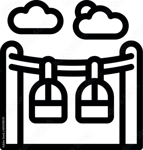 Simple black and white icon of a cableway with empty cabins waiting for tourists