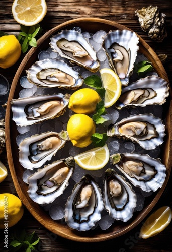 fresh oysters half shell platter lemon seafood delicacy restaurant, appetizer, bar, shellfish, cuisine, presentation, luxury, elegant, organic, marine, edible,