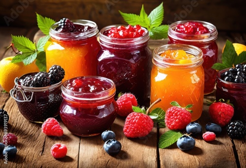 colorful homemade fruit jam jars wooden table fresh sweet preserves cooking concept, berries, vibrant, handcrafted, marmalade, containers, rustic, organic