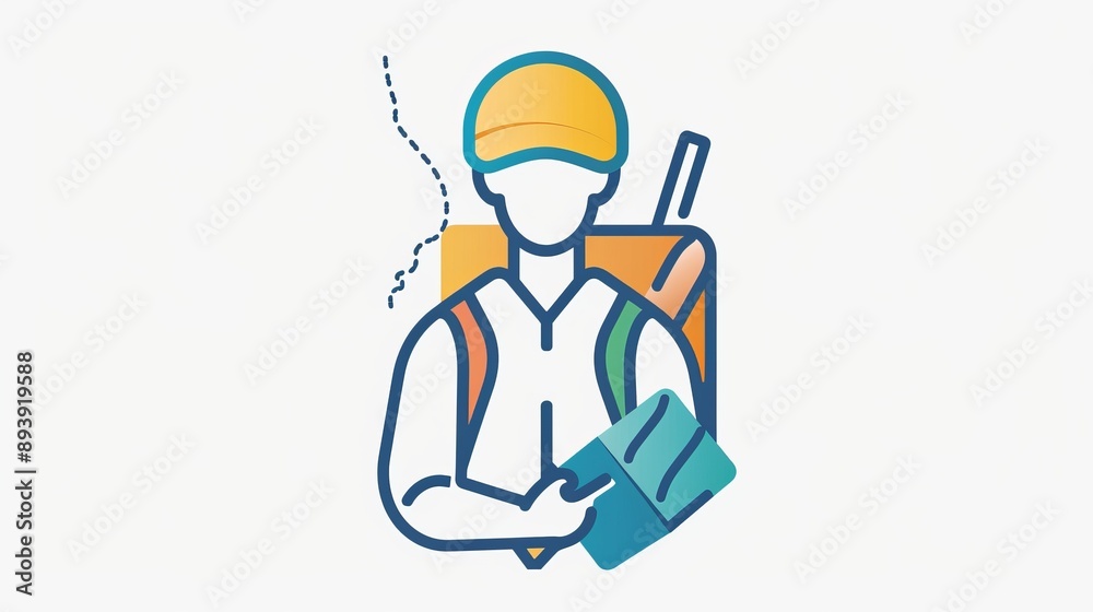 An illustration of a traveler wearing a hat and backpack, holding a map, suggesting adventure and exploration, with mountains in the background and an abstract design.