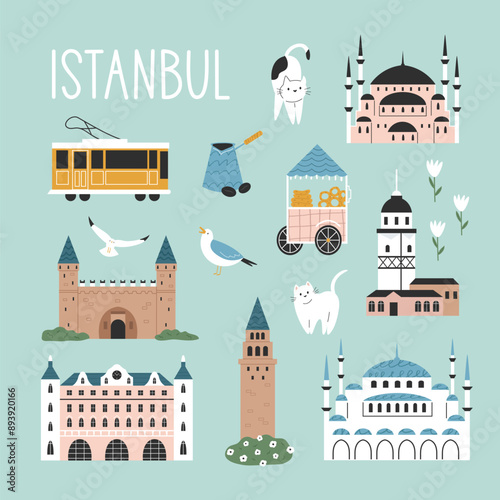 Hand drawn illustration with symbols and famous places of Istanbul. Square design, poster, banner for magazines, books, postcards, souvenirs