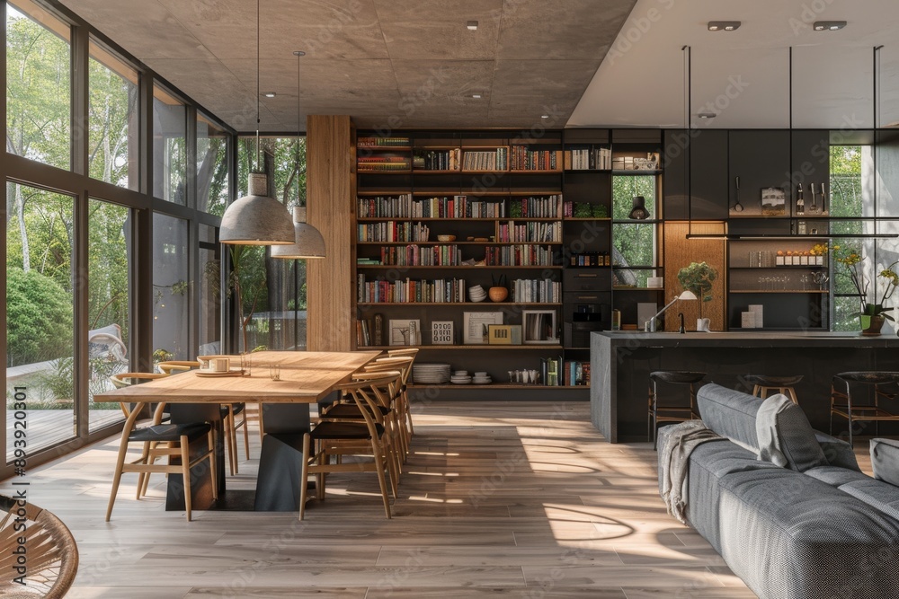 Interior of modern living room with black walls, wooden floor, comfortable sofa and bookcase with books. Interior of modern living room with black walls, wooden floor, comfortable sofa and bookcase with books.