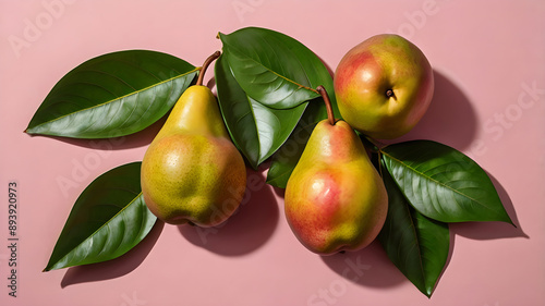 Fruit pears and leaves on pink background