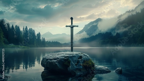 Legendary sword excalibur embedded in stone with serene lake in background, realistic image photo