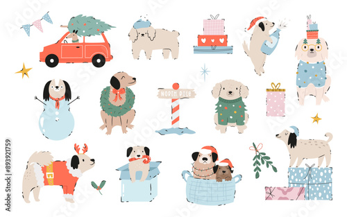 Hand drawn Christmas illustration of funny and mischief dogs in different costumes. Festive seasonal vector illustrations with animal characters