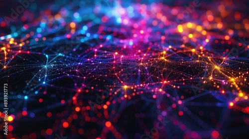 A digital abstract background featuring a web of interconnected glowing lights in red, orange, blue, and pink hues on a dark background