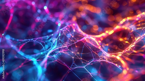 An abstract digital background features a web of interconnected lines in vibrant pink, blue, and orange hues, creating a mesmerizing and futuristic effect