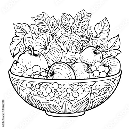 hand drawn basket with fruits, graphic style, isolated on white background