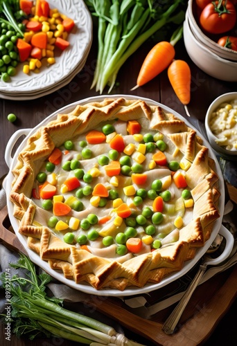 delicious savory turkey potpie golden fresh creamy filling perfect comforting meals, crust, vegetables, dish, recipe, cooking, baking, food, herbs, spices photo