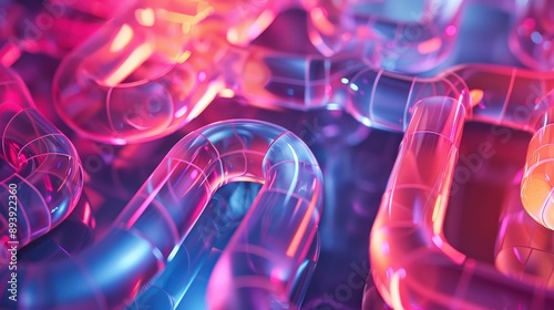 Close-up view of translucent, interlocking tubes with a neon pink and blue glow