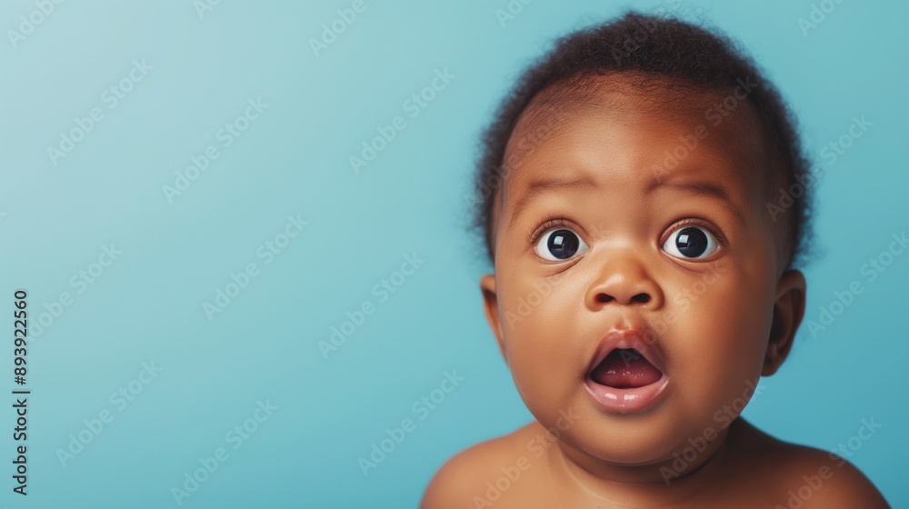 Funny amazed black baby reacting to shocking offer, looking surprised over blue studio background with copy space Funny amazed black baby reacting to shocking offer, looking surprised over blue studio background with copy space