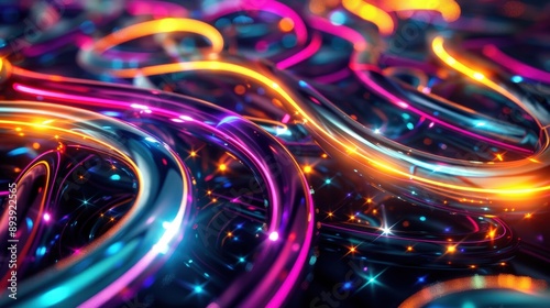 A digital space is filled with neon lights in vibrant hues of pink, blue, orange, and yellow. The lights twist and turn, forming a maze-like pattern