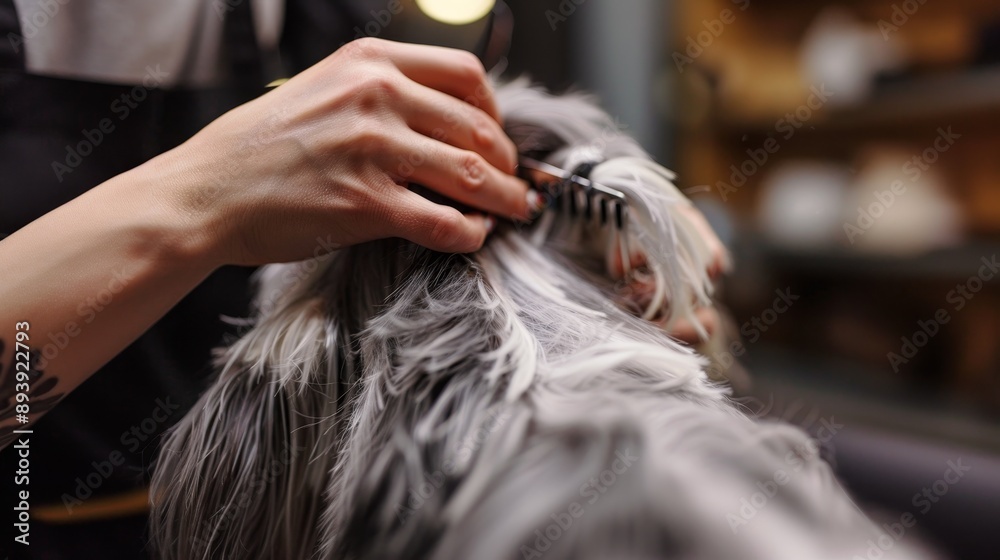 Naklejka premium Transformative grooming close up of hands and tools crafting a new, stylish fur appearance