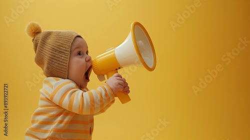 Funny baby shouting into megaphone with excitement on yellow studio background with free space, announcing amazing news or sale offer