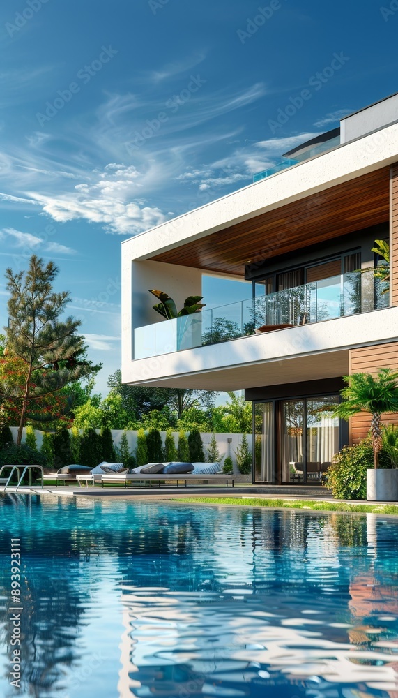 Contemporary home with manicured garden and stylish pool under clear blue sky   realistic image