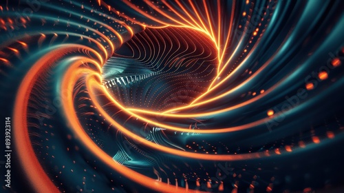 A swirling, abstract digital background with concentric orange lines and blue swirls
