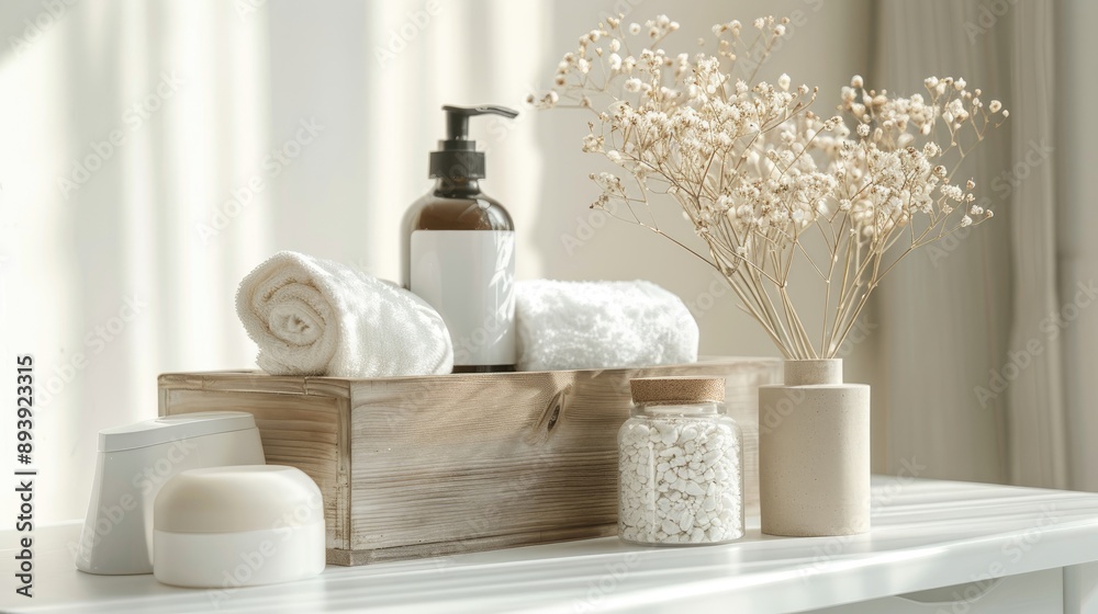Stylish hygiene supplies in a wooden box with linen towels and dried flowers on a white table Comfortable home setting Stylish hygiene supplies in a wooden box with linen towels and dried flowers on a white table Comfortable home setting