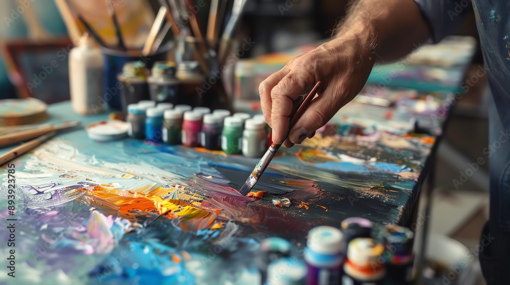 An artist is using a brush to add the finishing touches to a painting. The painting is a vibrant landscape, full of bright colors and energy. An artist is using a brush to add the finishing touches to a painting. The painting is a vibrant landscape, full of bright colors and energy.