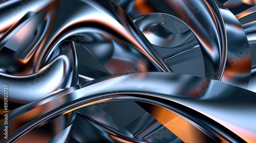 A digital illustration of swirling metallic ribbons in blue and orange hues